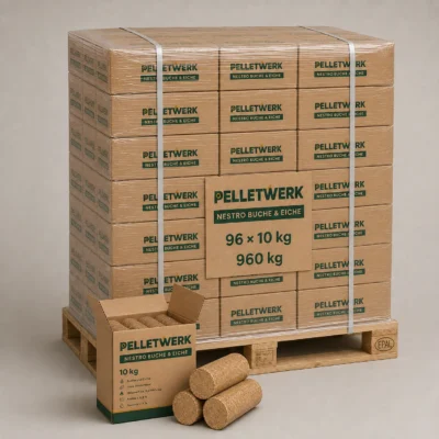Briquettes Nestro hêtre-chêne · palette complète 960 kg (96 × 10 kg)