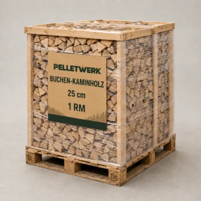 Bois de chauffage en hêtre sec 25 cm · palette complète de 1 stère empilé